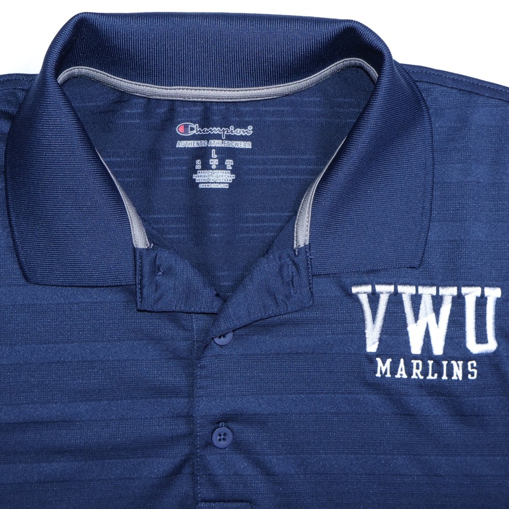 Champion VWU Marlins Mens Large Navy Blue Short Sleeve Polo Shirt CT3012